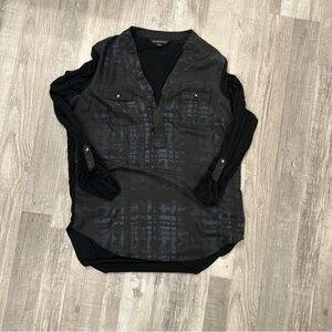 Rock & Republic Tunic Shirt Womens Small Black Blue Roll Tab Sleeves Casual Med